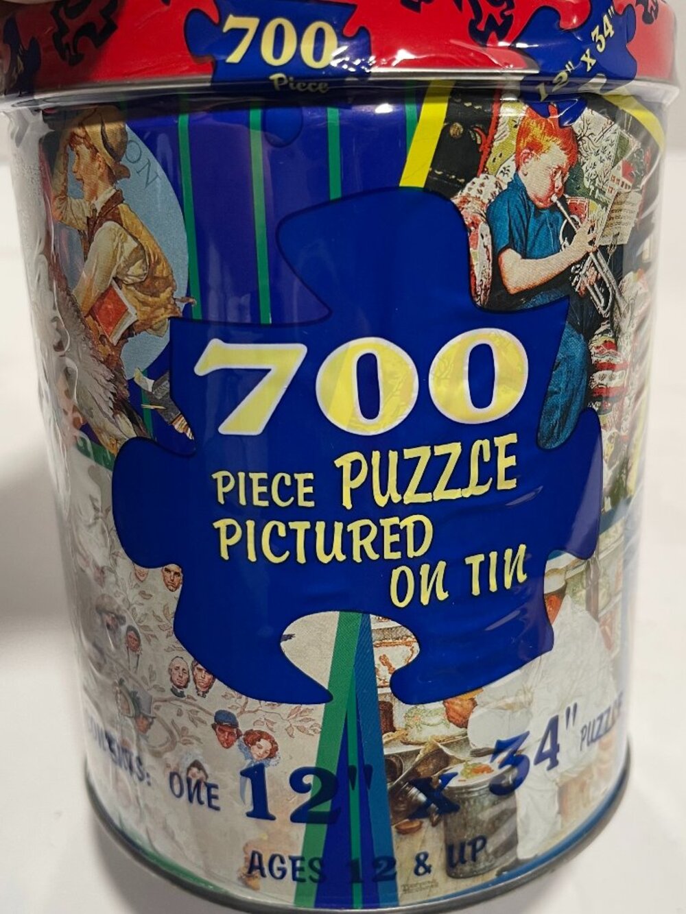 Vintage Norman Rockwell Montage Puzzle 700 Piece In Collectible Tin 12" x 34"